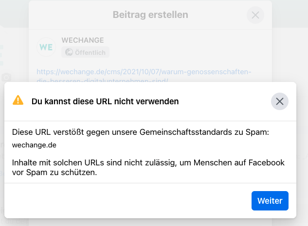 Screenshot of the error on Facebook that the URL can't be posted (in German)